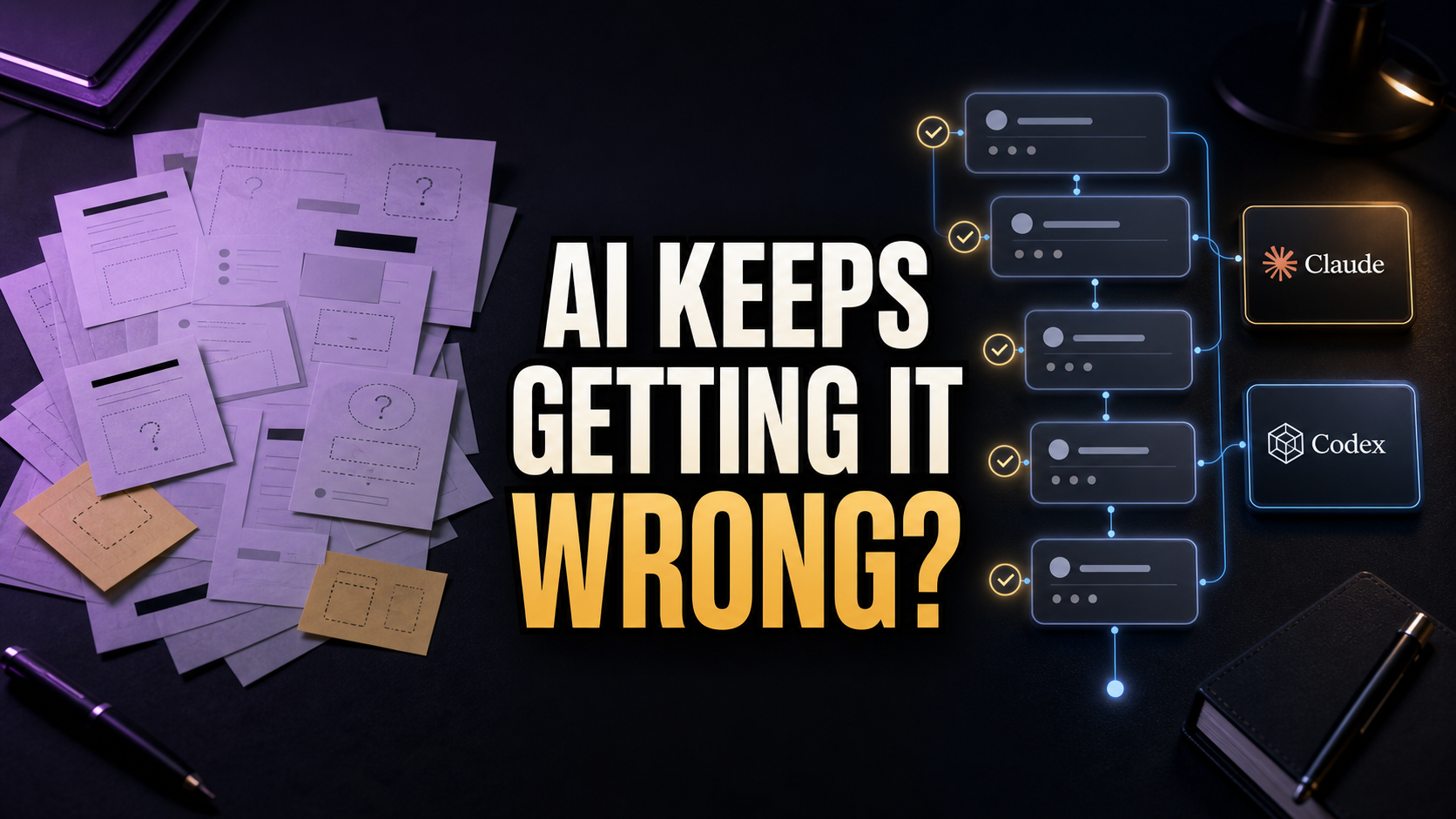 Dark workspace with an incomplete brief, structured AI interview flow, and the headline AI KEEPS GETTING IT WRONG?
