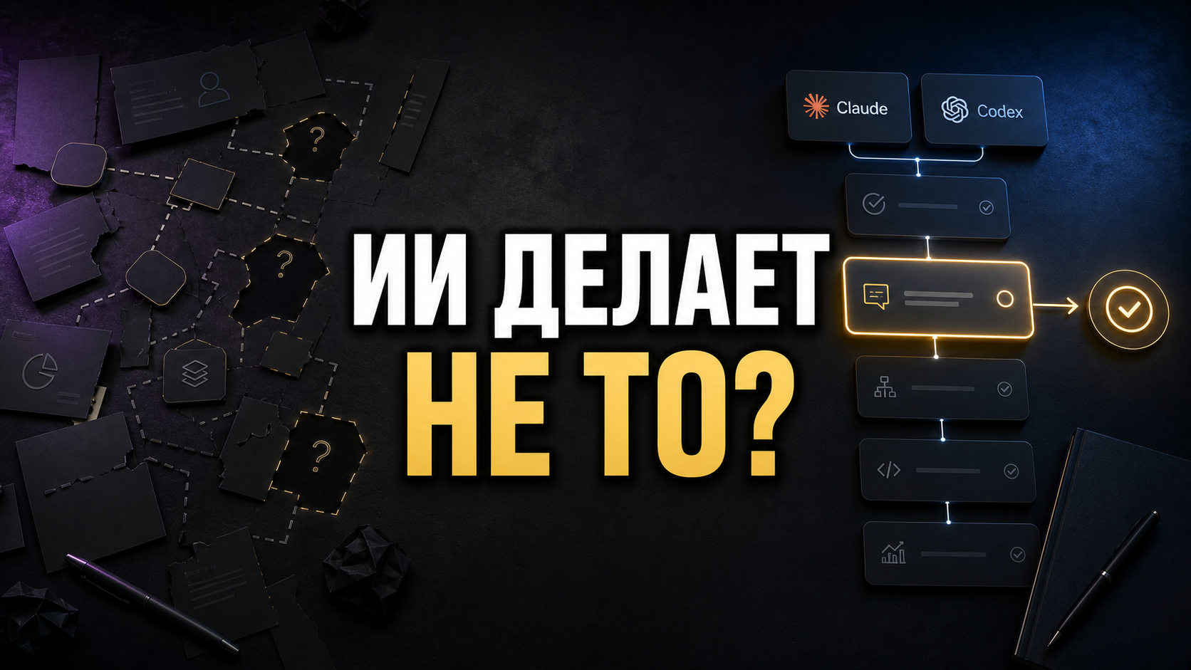 Тёмное рабочее пространство с неполным брифом, структурированным AI-допросом и надписью ИИ ДЕЛАЕТ НЕ ТО?