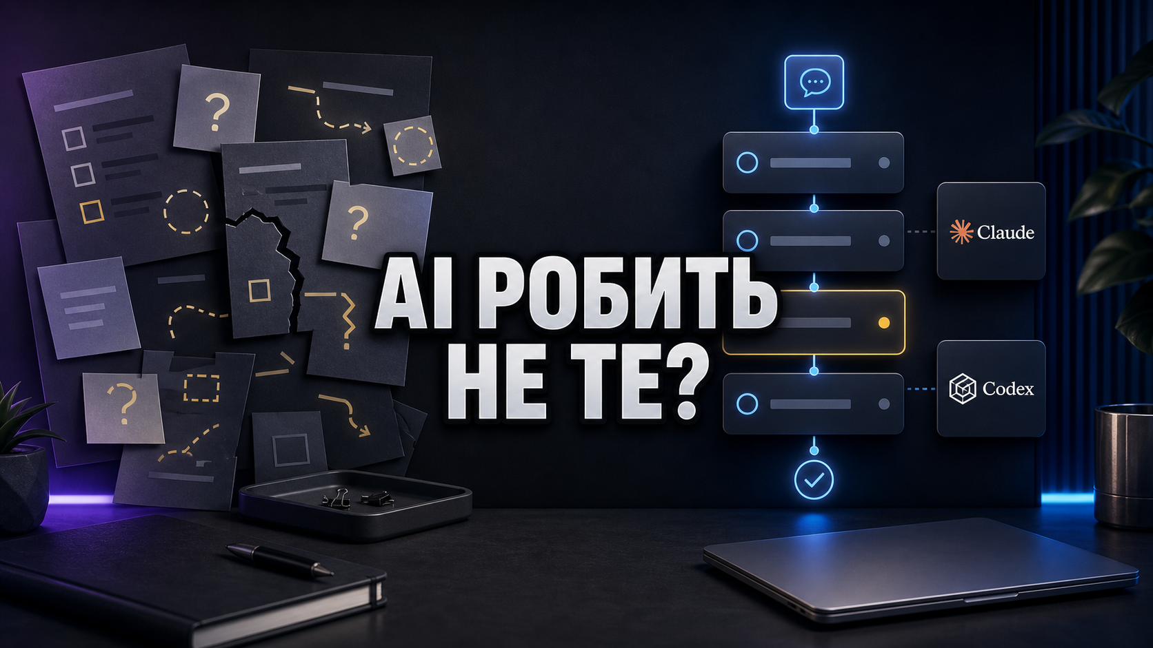Темний робочий стіл із неповним брифом, структурованим AI-допитом і великим написом AI РОБИТЬ НЕ ТЕ?