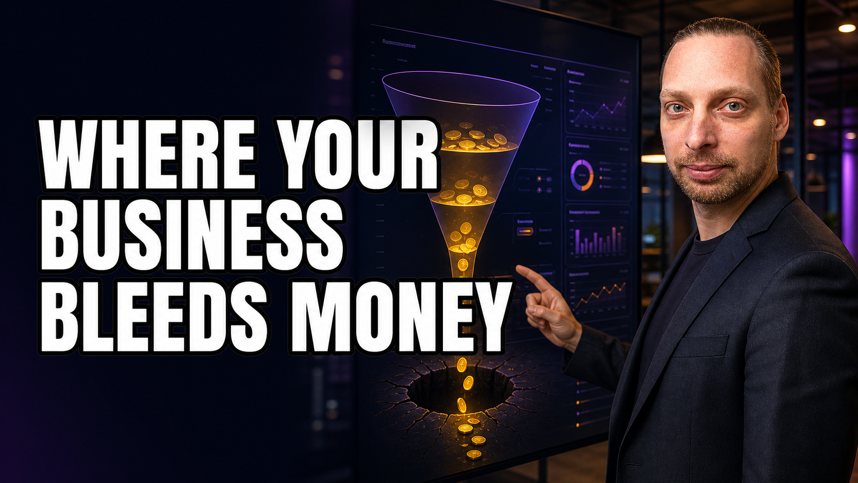 A business owner looks at an AI dashboard with a highlighted red money-leak zone.