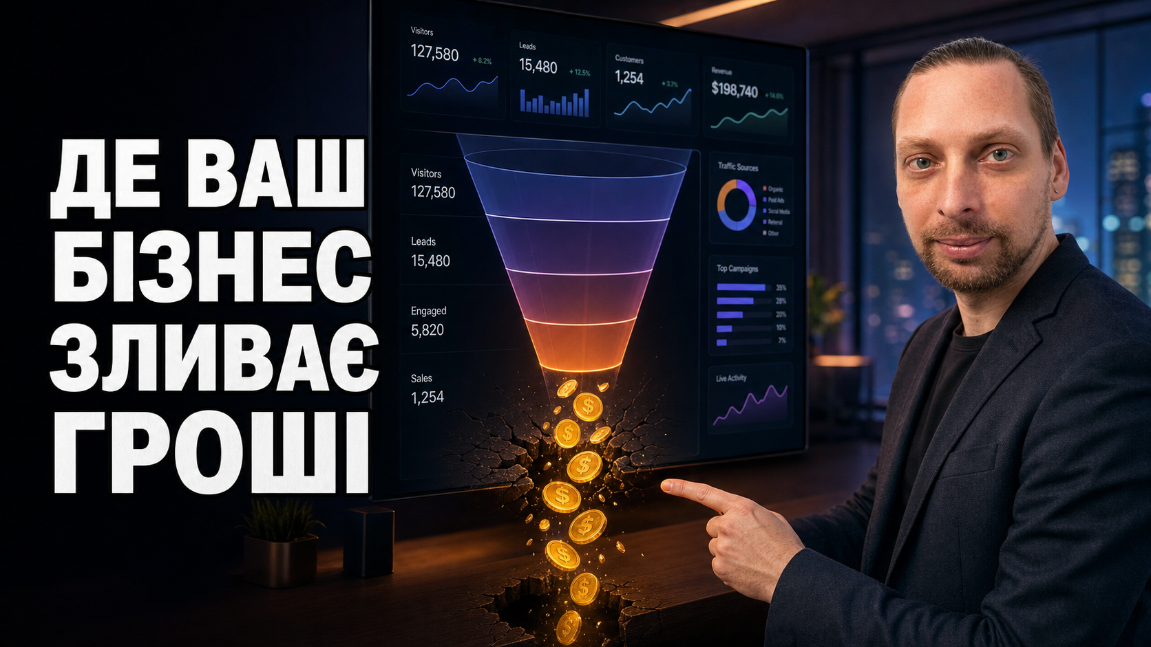 Власник бізнесу дивиться на AI-дашборд із підсвіченою червоною зоною витоку грошей.