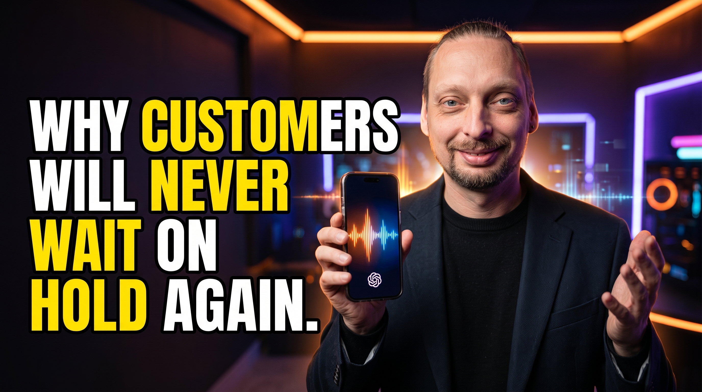 A founder holds a smartphone with a glowing ChatGPT voice waveform - voice AI answering a customer instead of a human.