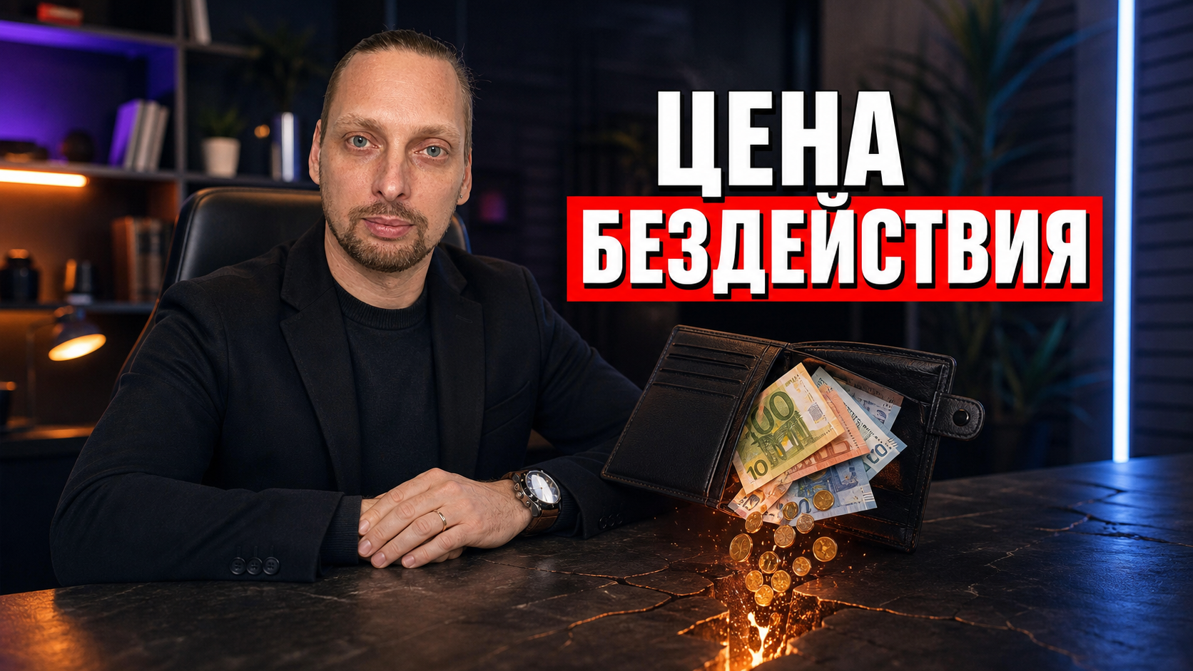Владелец бизнеса смотрит на кошелёк, из которого высыпаются деньги.