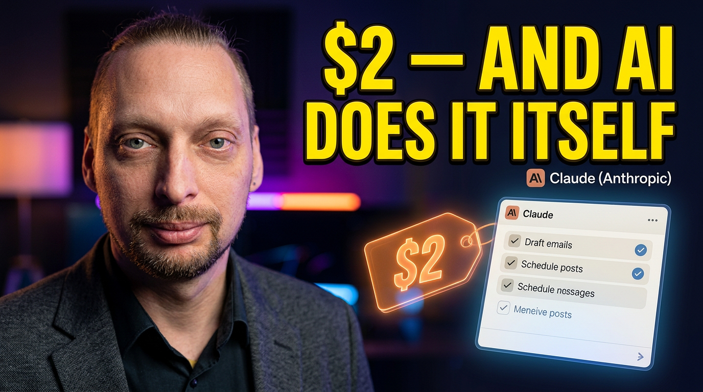A business owner looks at a screen where an AI agent finishes a work task on its own, next to a price tag reading 2 dollars.