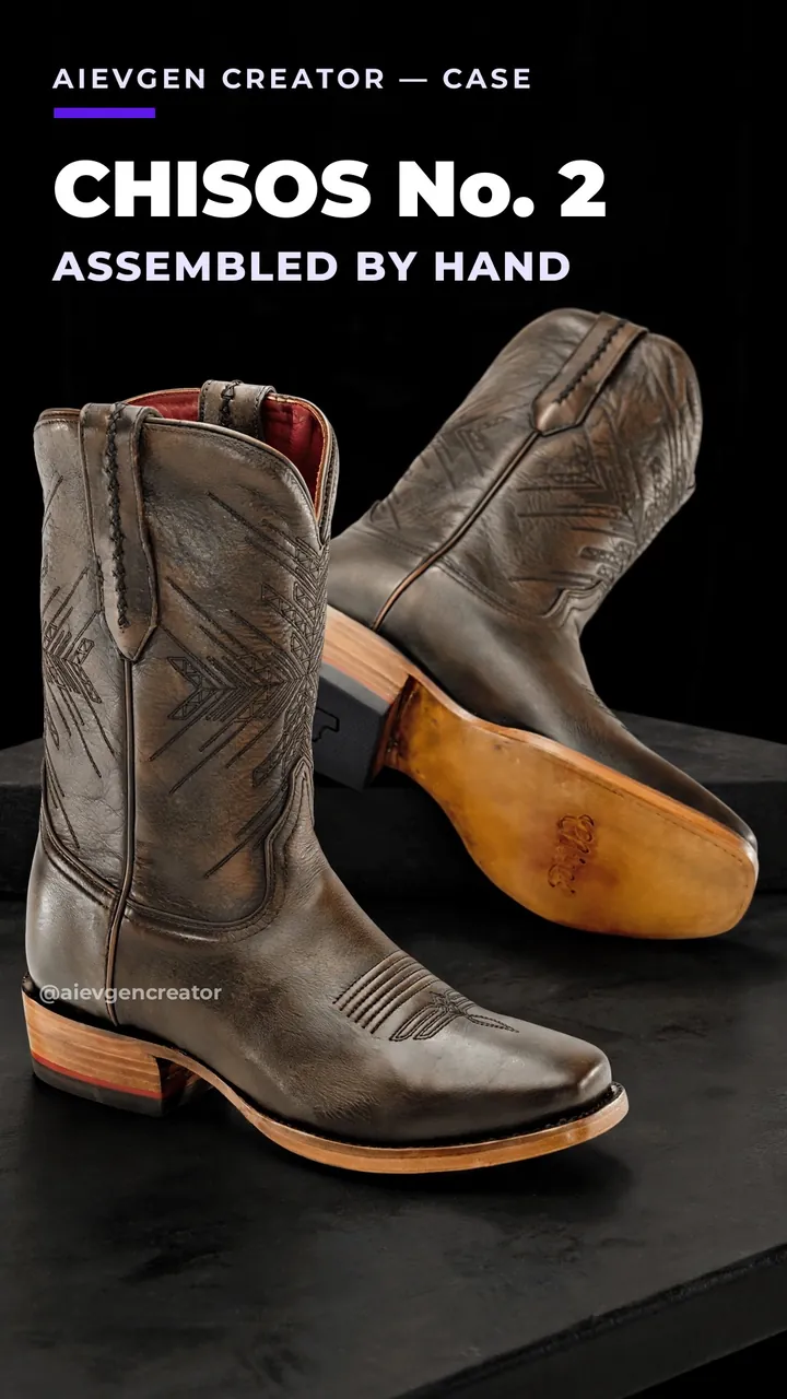 The hero of the ad: the Chisos No. 2 pair in Brushed Brown, hand-brushed patina and petroglyph stitching on the black workbench.