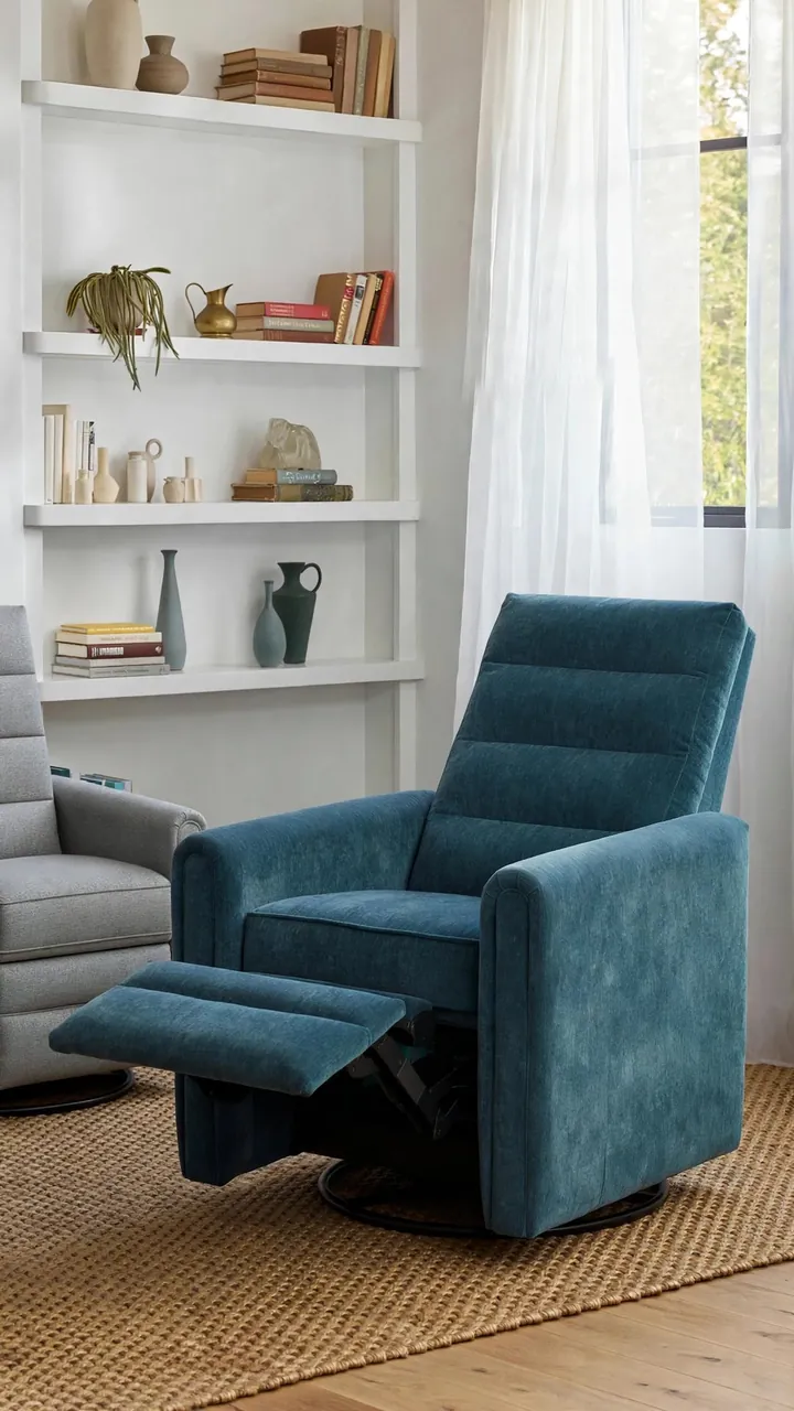 The hero of the ad: the Colton in Harper Biscay Bay, footrest out, in front of the book wall.