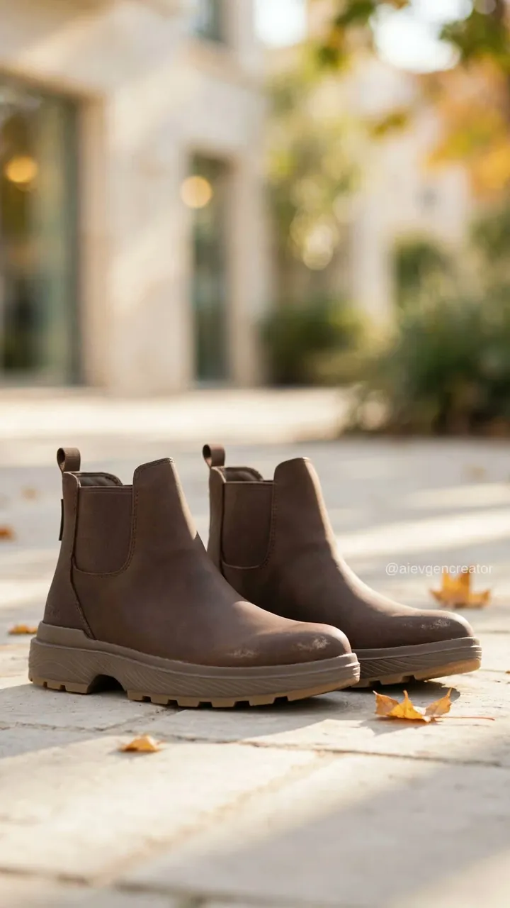 The hero of the ad: the Kizik Sierra Chelsea pair in Brunette on pale sunlit pavement, autumn leaves at the edges.
