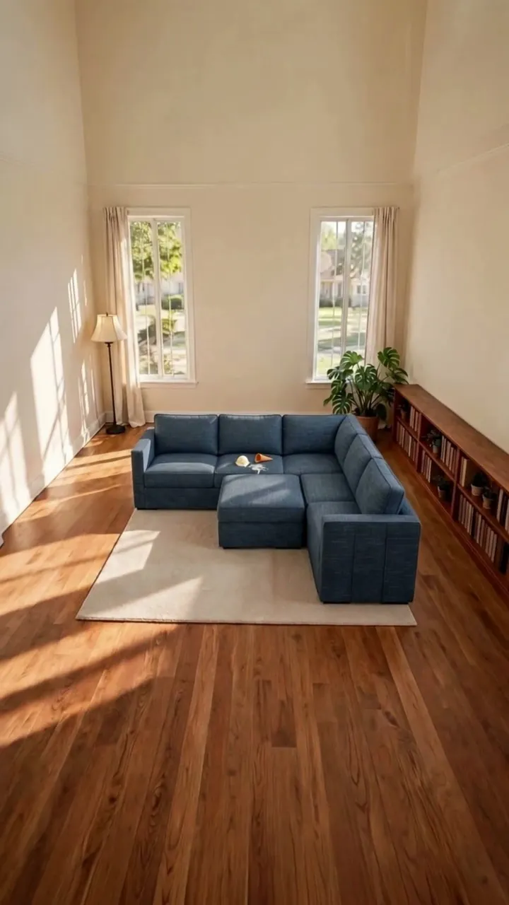 The hero of the ad: Sactionals in Vintage Blue, landed as an L in the sunlit room.