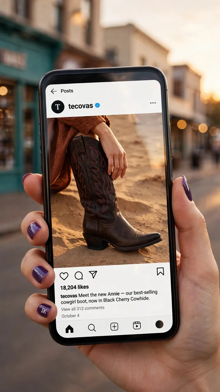 The hero of the ad: The Annie in Black Cherry inside the real Tecovas post — the photo the ad starts from, held by a hand with purple manicure.
